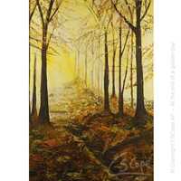 Painting of a woodland with walkway and a golden setting sun by artist CSCape