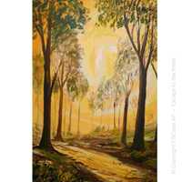 Painting of woodland forest scene with path in a glowing yellow sun by artist CSCape