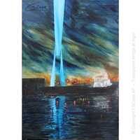 Painting of the luminated Transporter bridge at night with a ship passing under the bridge by artist CSCape