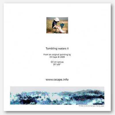 Back of greeting card entitled Tumbling waters II by artist CSCape