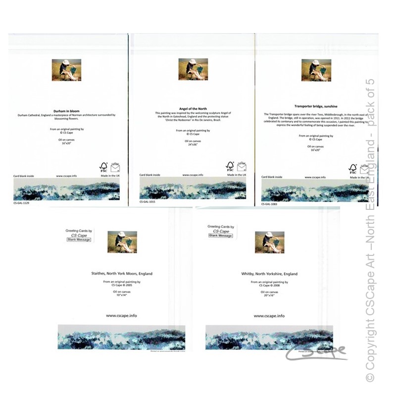 This is an image of the back of the pack of 5 greeting cards by artist CSCape focusing on locations in the North East of England