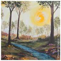 Trees with a flowing brook and sunshine greeting card entitled Tumbling waters II by CSCape
