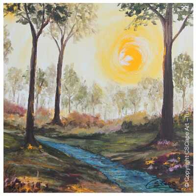 Trees with a flowing brook and sunshine greeting card entitled Tumbling waters II by CSCape
