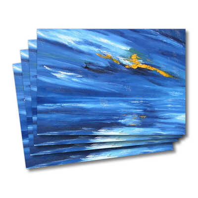 Four greeting cards of the painting Beginning - a blue sky and sea with a bright yellow sun peering through