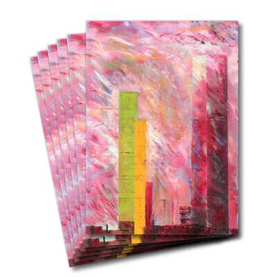 Six greeting cards of the painting 'Early morning, Boston' USA. The sun rise turned the sky a vivid pink which reflected against the Boston skyline.