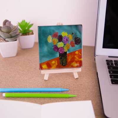 Flowers in a Vase - Glass Coaster on Easel