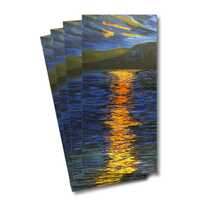 Four greeting cards of the painting In the beginning 1 - Blue lake and mountains with an orange sun peering and reflecting on the water