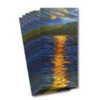 Six greeting cards of the painting In the beginning 1 - Blue sky, mountain and lake with an orange sun peeping through and shining on the lake