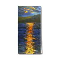 Greeting card of the painting In the beginning 1 - Blue mountains, sky and lake with an orange sun coming through to shine on the lake