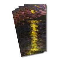 Four greeting cards of the painting In the beginning 2 - Purple lake and mountains with a yellow sun peering and reflecting on the water