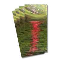 Four greeting cards of the painting In the beginning 3 - Green sky, lake and mountains with a pink sun peering and reflecting on the water
