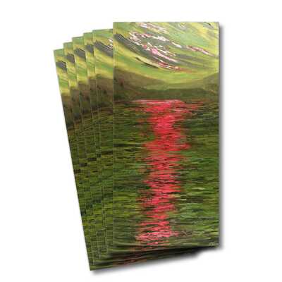 Six greeting cards of the painting In the beginning 3 - Green sky, mountain and lake with a pink sun peeping through and shining on the lake