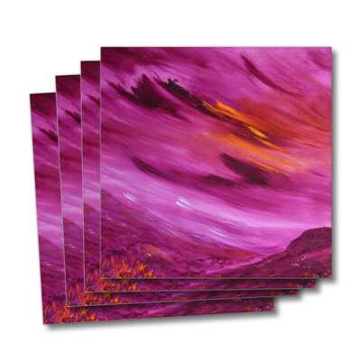 Four greeting cards of the painting Moorland Vale showing a purple sky and moorland landscape