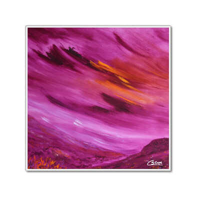 Ceramic coaster of the painting 'Moorland vale' showing a purple sky and moorland with an orange sun peeping through