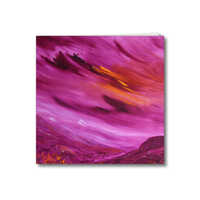 Greeting card of the oil painting 'Moorland vale' - purple sky dominating a purple landscape with orange sun peeping through the sky