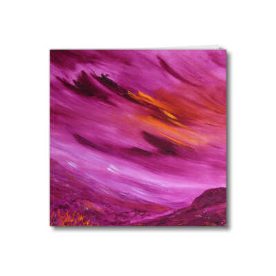 Greeting card of the oil painting 'Moorland vale' - purple sky dominating a purple landscape with orange sun peeping through the sky