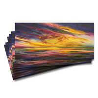 Six greeting cards of the oil painting 'Wide open spaces' - vibrant yellow and pink sunrise reflecting in the sea
